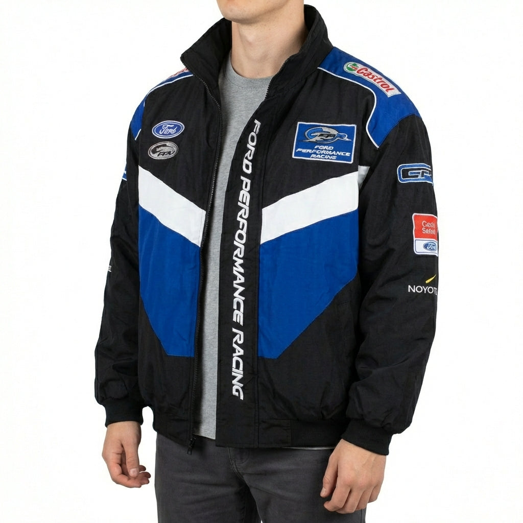 Ford Performance Racing Embroidered Racing Jacket Black/Blue | Zip-Front Motorsport Team Outerwear