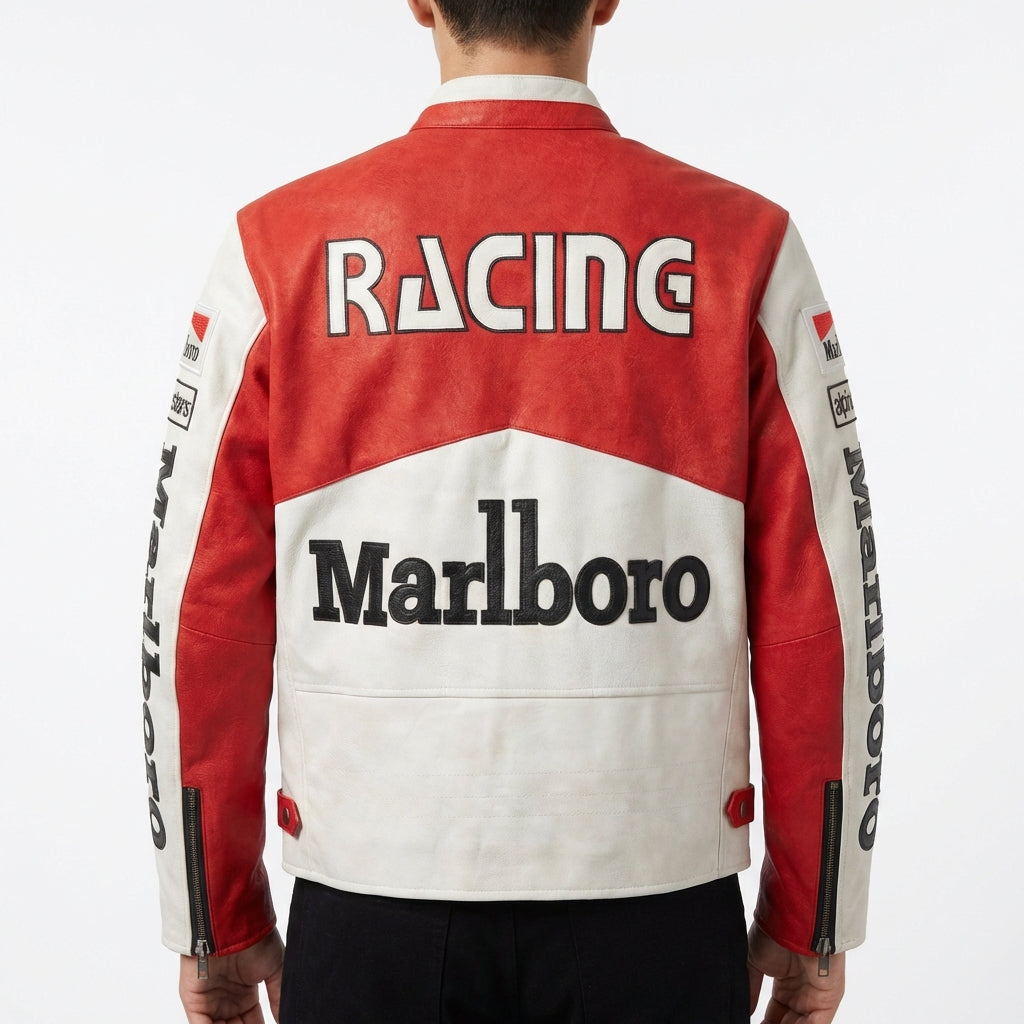Marlboro Racing Color Block Jacket Red White | Zip Front Patched Logo Moto Style