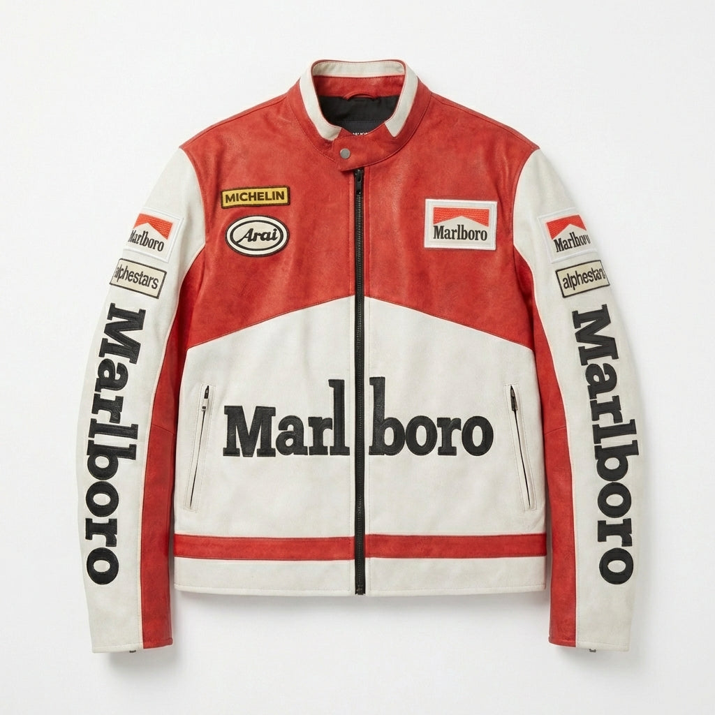 Marlboro Racing Color Block Jacket Red White | Zip Front Patched Logo Moto Style