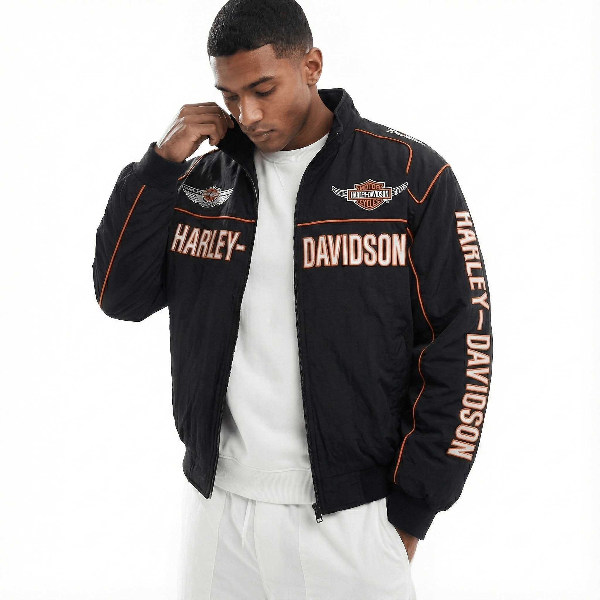 Harley-Davidson Black Embroidered Racing Jacket – Men’s Vintage Biker Windbreaker