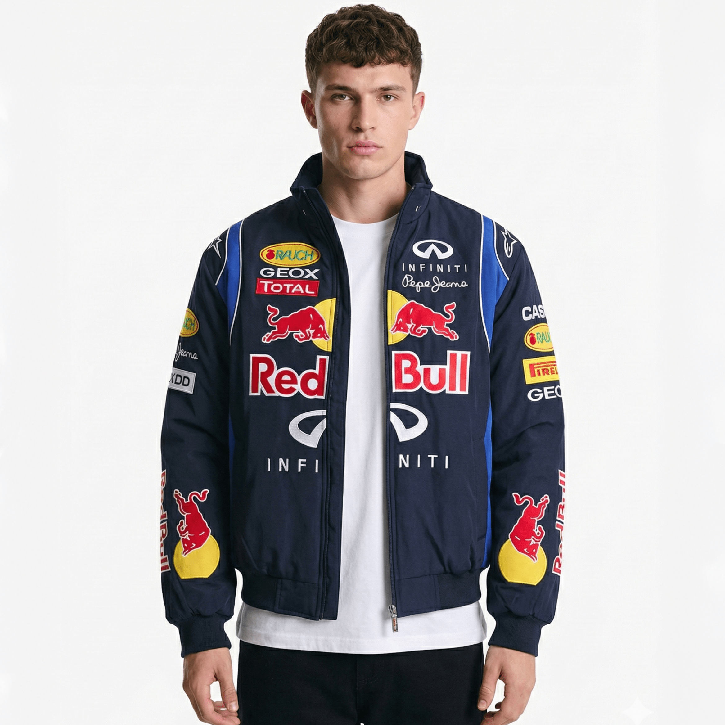 Red Bull Racing F1 Team Jacket - Navy Blue Motorsport Bomber with Embroidered Sponsors