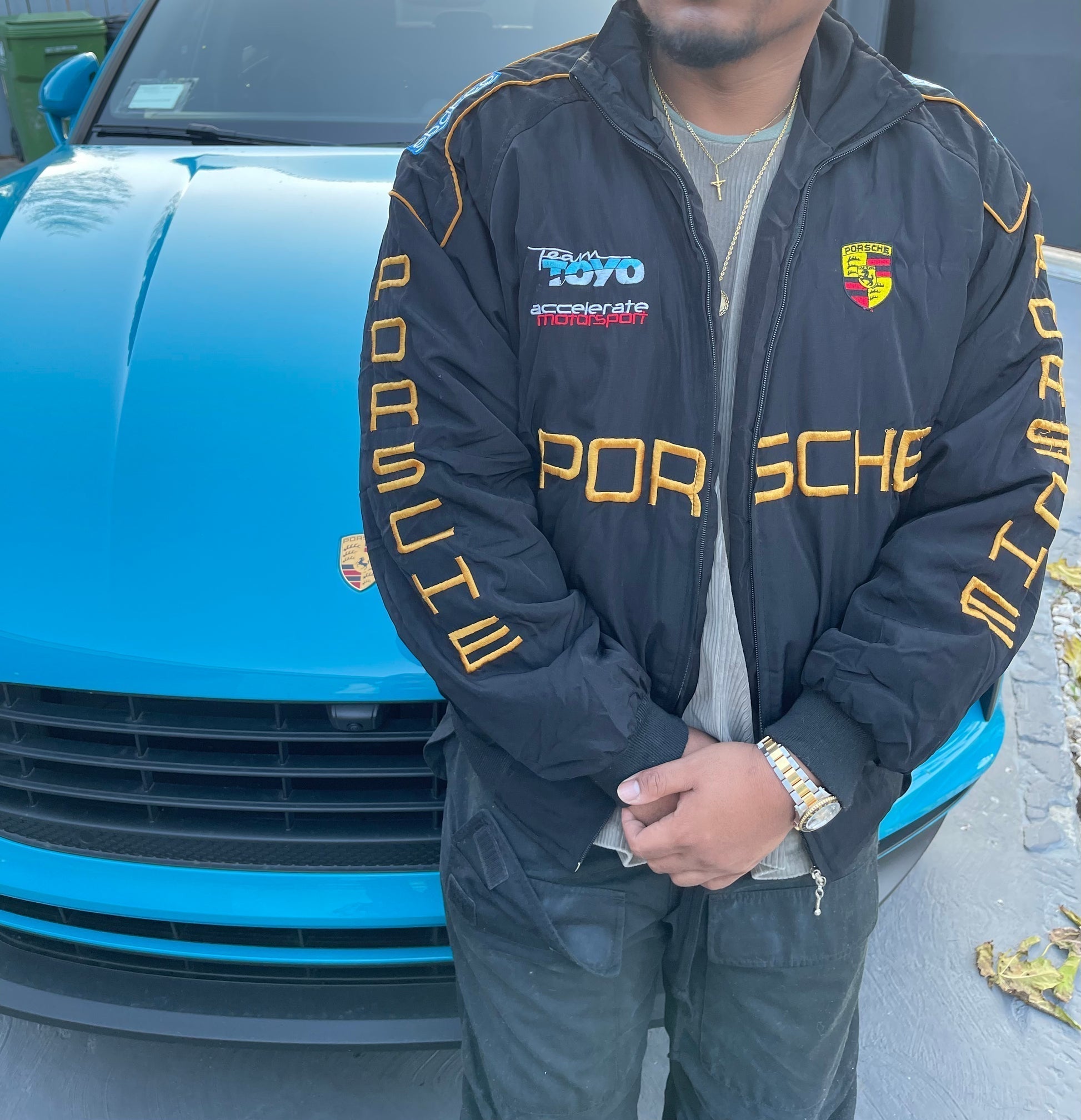 Porsche Racing Team Jacket – Black Motorsport Zip-Up with Yellow Embroidered Logos