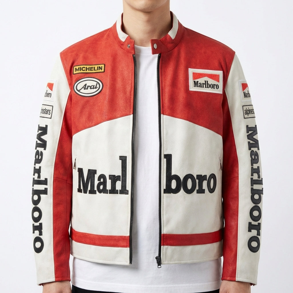 Marlboro Racing Color Block Jacket Red White | Zip Front Patched Logo Moto Style