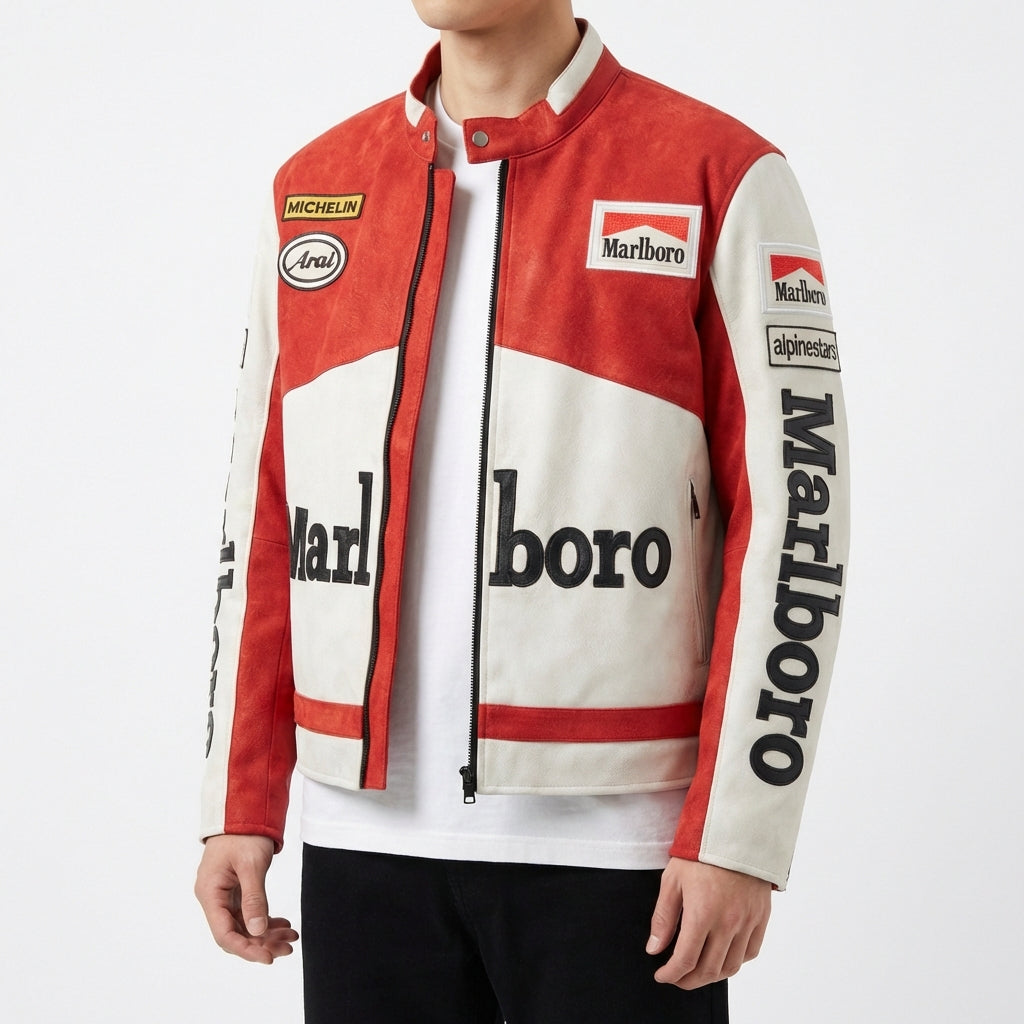 Marlboro Racing Color Block Jacket Red White | Zip Front Patched Logo Moto Style