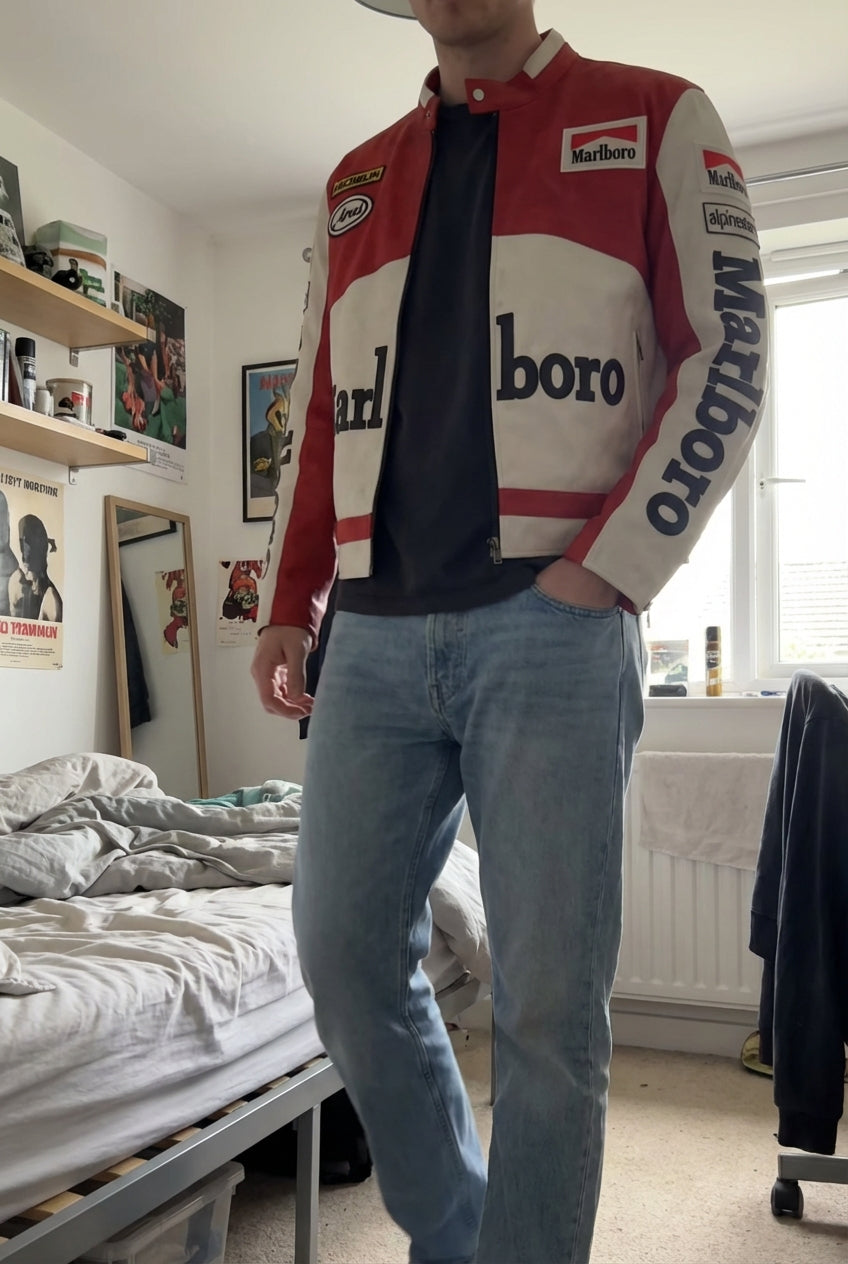 Marlboro Racing Color Block Jacket Red White | Zip Front Patched Logo Moto Style