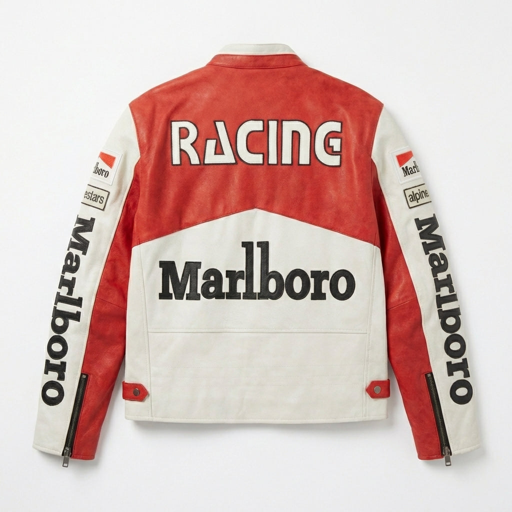 Marlboro Racing Color Block Jacket Red White | Zip Front Patched Logo Moto Style