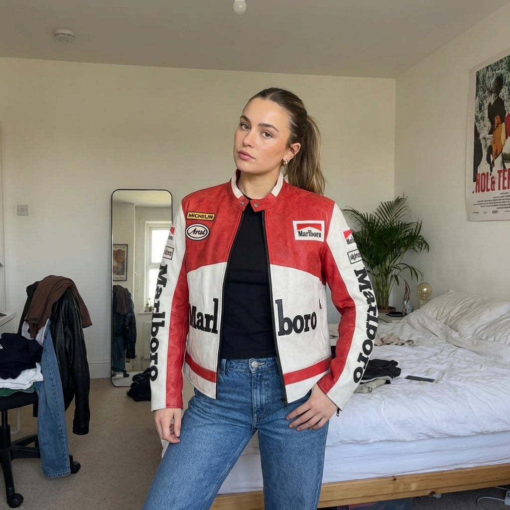 Marlboro Racing Color Block Jacket Red White | Zip Front Patched Logo Moto Style